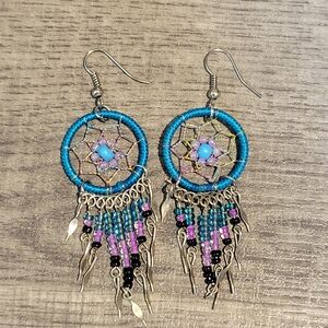 Dream Catcher Earrings Long Seed Beaded Metal Dangles - Womens Fashion Handmade